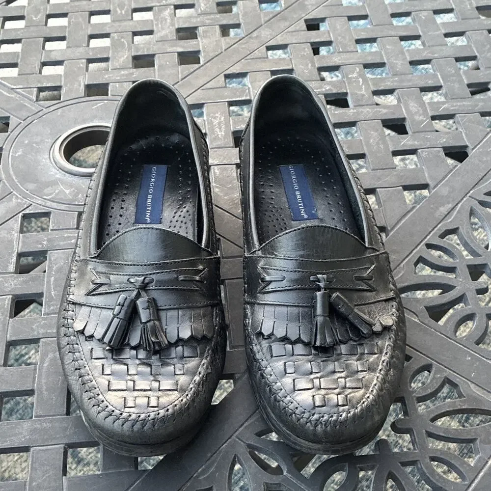 Giorgio Brutini Mens Black Leather Woven Tassel Loafers Shoes Size 11 *Scuffs